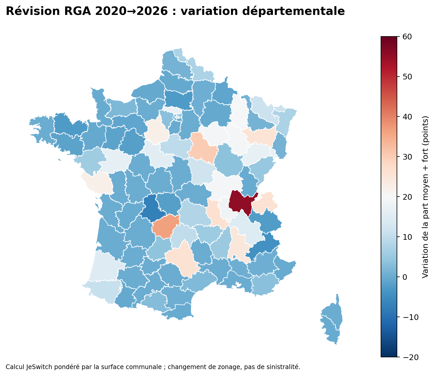 Carte des variations départementales du zonage RGA entre 2020 et 2026