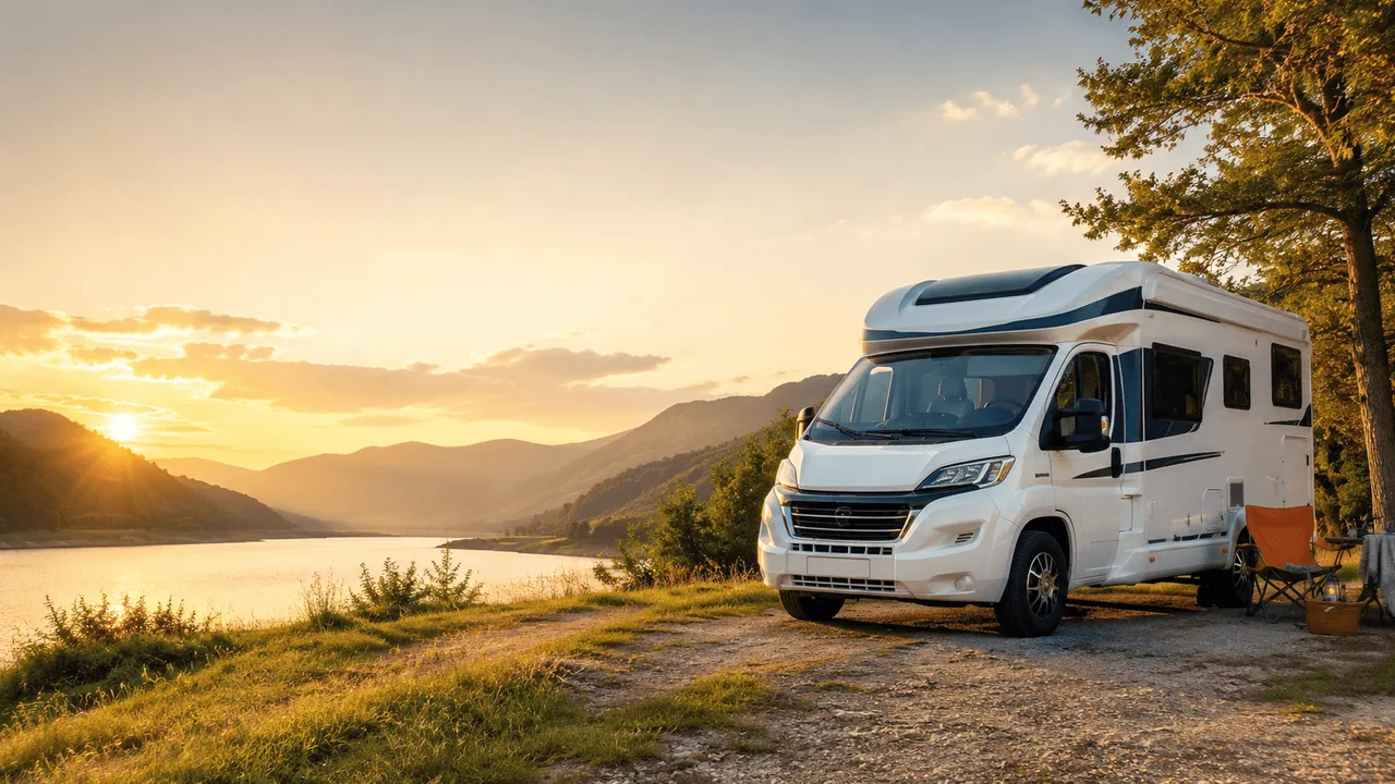 Camping-car blanc près d un lac au coucher du soleil