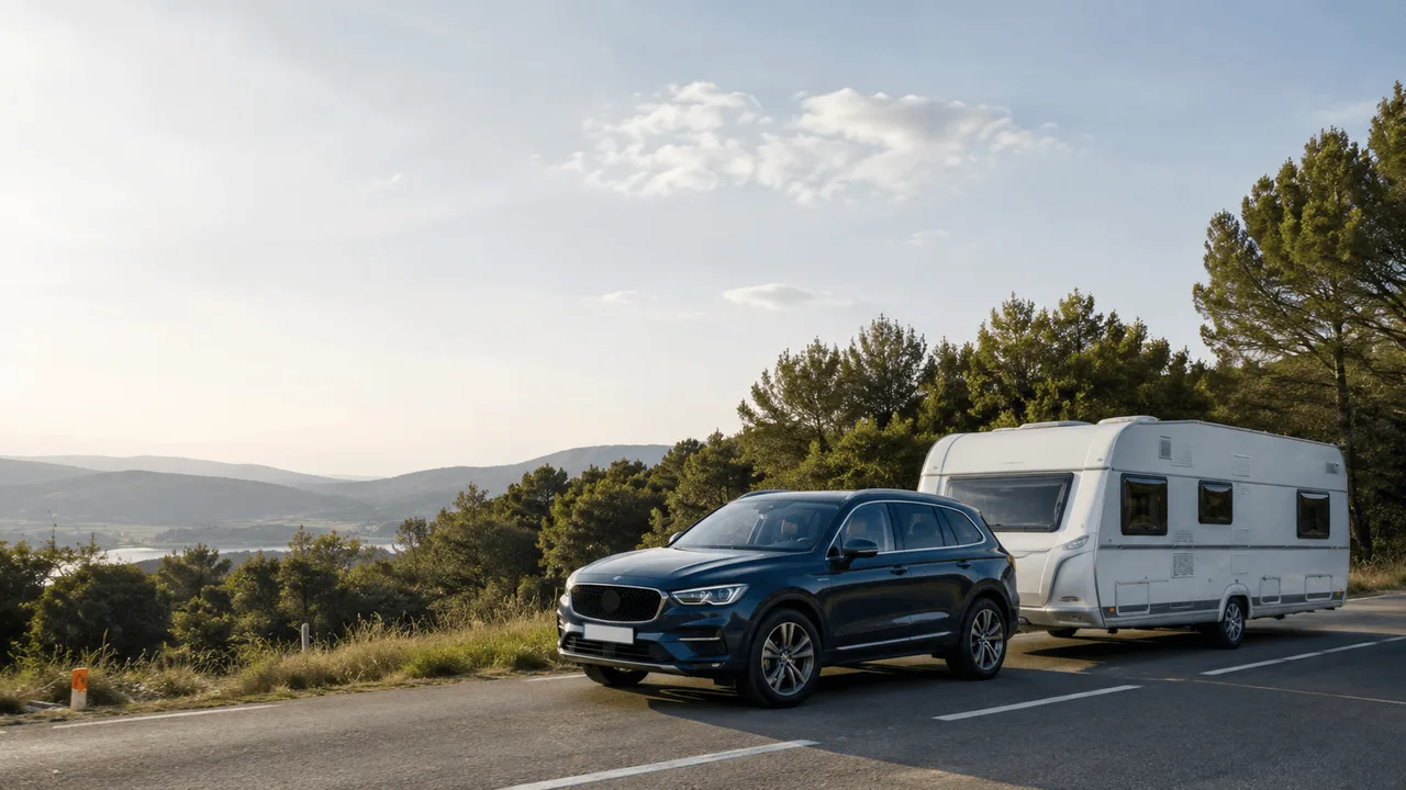 Voiture bleue tractant une caravane sur une route