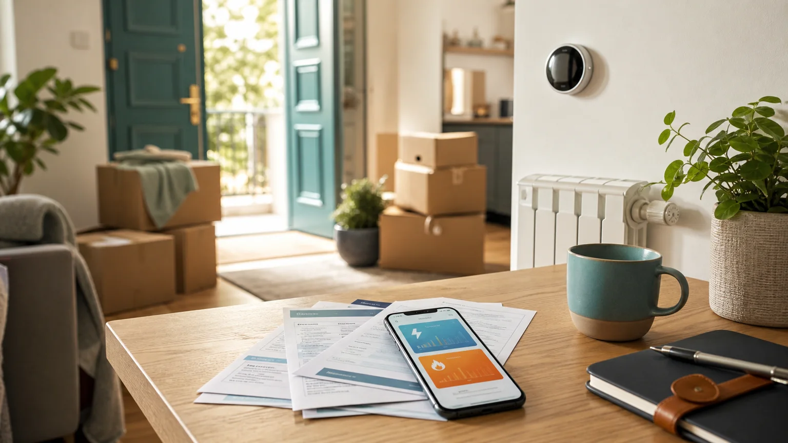 Déménagement énergie avec cartons, documents et comparaison électricité gaz