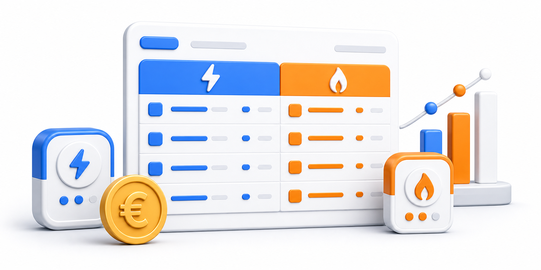 Illustration 3D des prix du kWh electricite et gaz