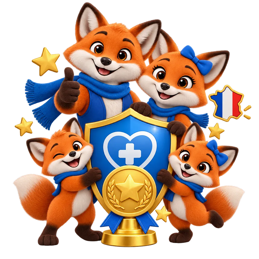 Famille mascotte JeSwitch avec bouclier, plus grands acteurs des mutuelles