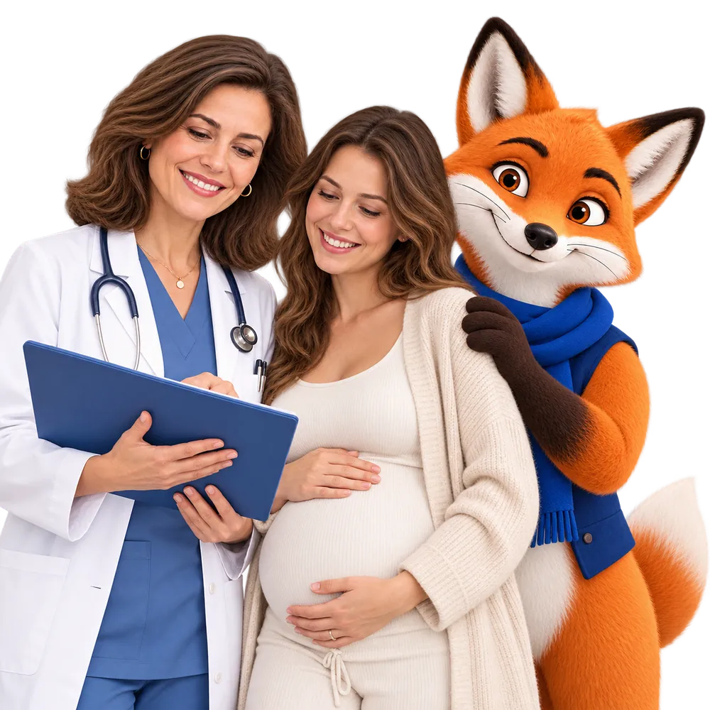 Consultation médicale de suivi de grossesse et mascotte JeSwitch
