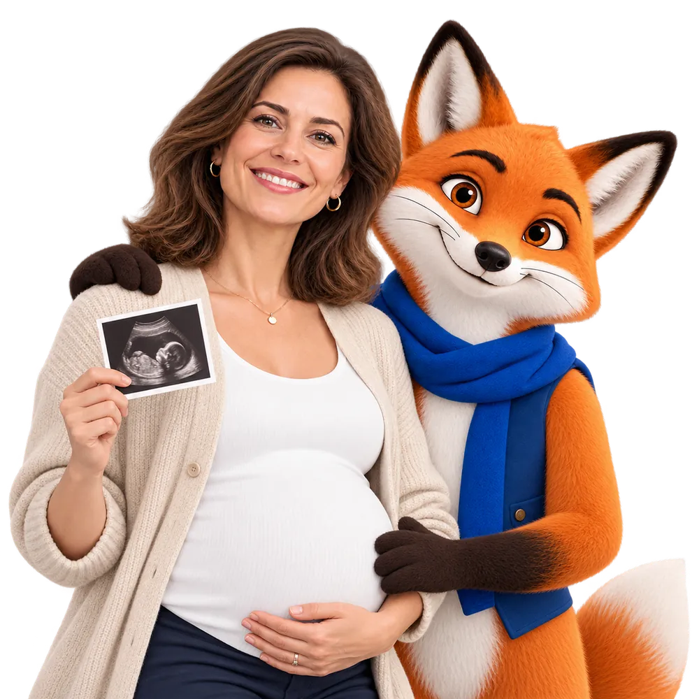 Mutuelle maternité : future maman avec échographie et mascotte JeSwitch