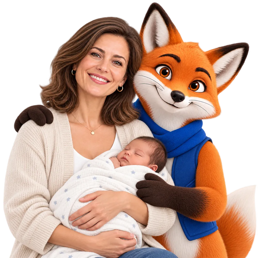 Mère et nouveau-né avec la mascotte JeSwitch