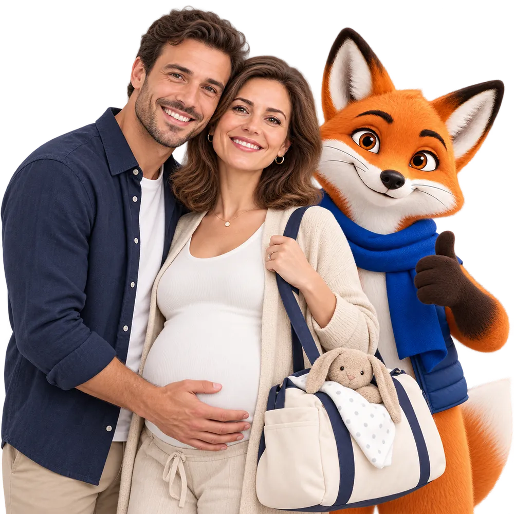 Couple préparant la valise de maternité avec la mascotte JeSwitch