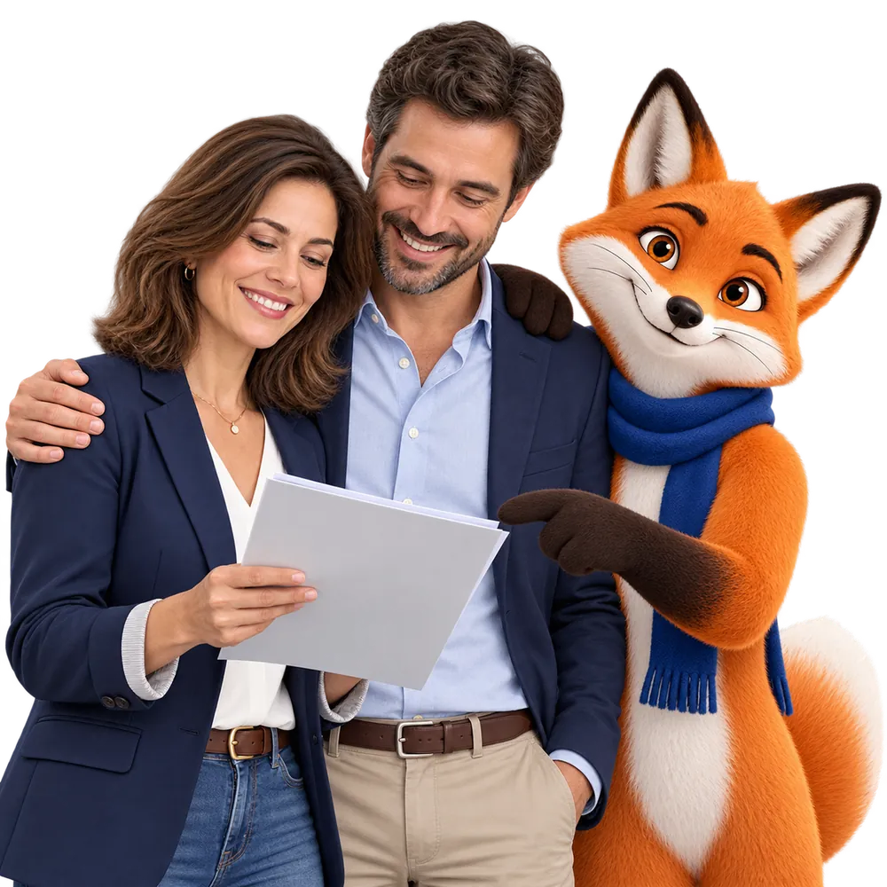 Couple étudiant ses options de mutuelle avec la mascotte JeSwitch
