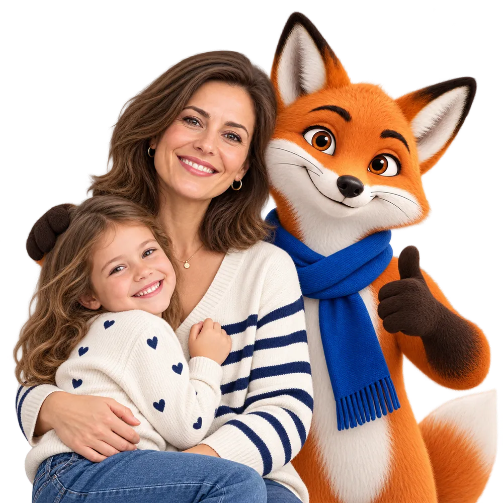 Famille bénéficiaire de la Complémentaire santé solidaire et mascotte JeSwitch