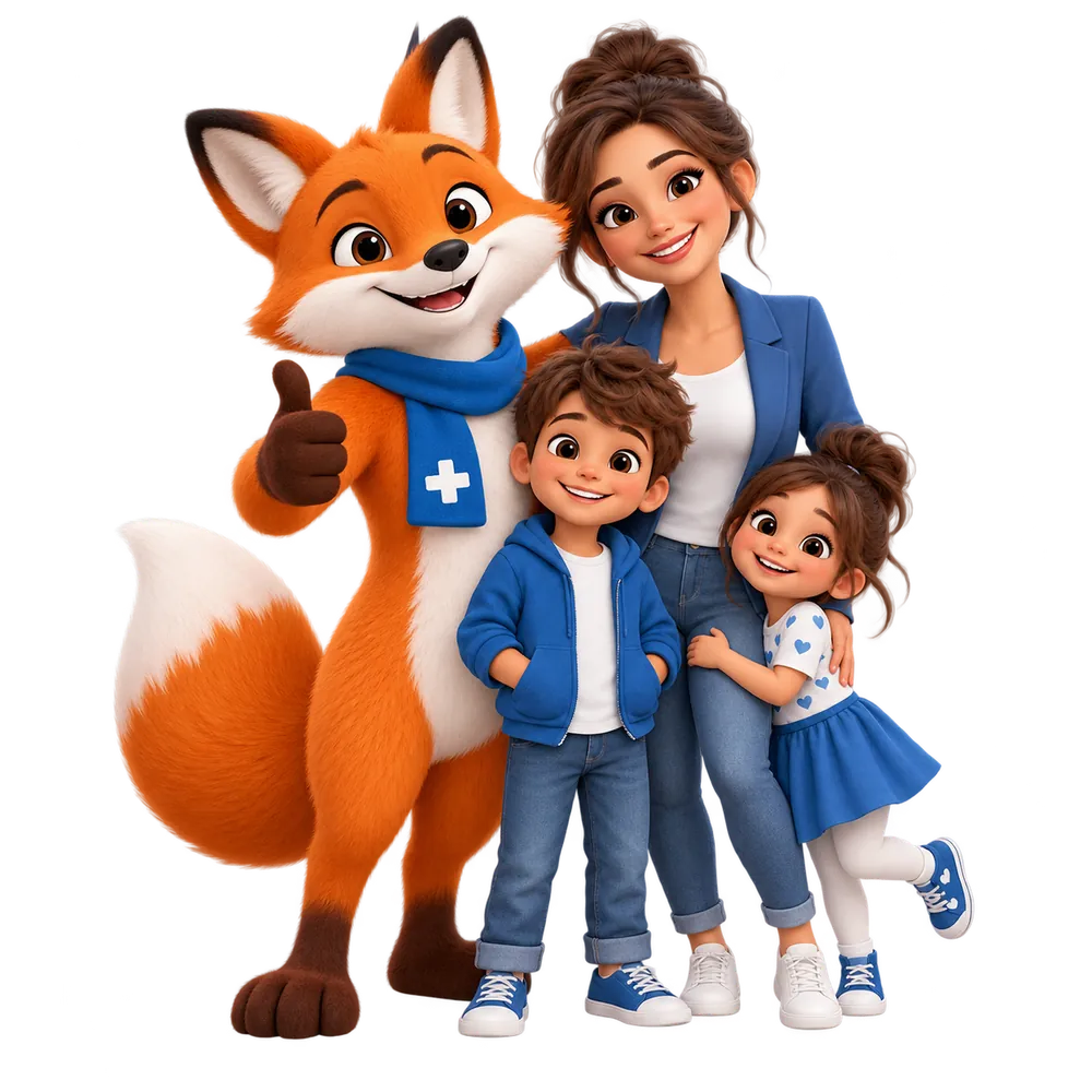 Famille avec mascotte JeSwitch, mutuelle famille