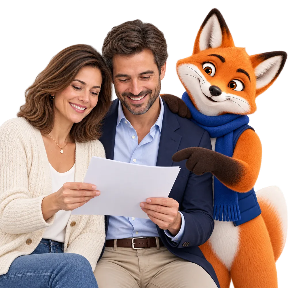 Couple lisant son avis d'échéance de mutuelle avec la mascotte JeSwitch