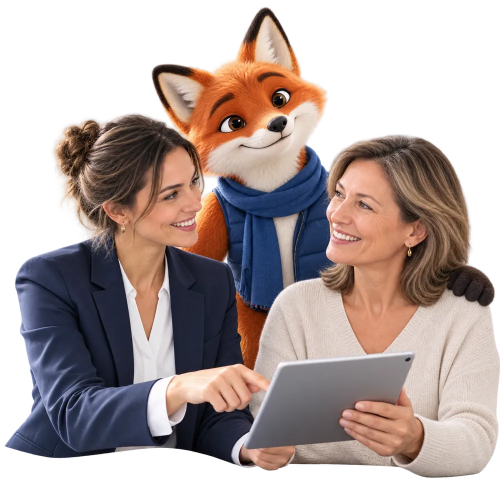 Conseillère accompagnant une cliente dans sa résiliation de mutuelle, avec la mascotte JeSwitch